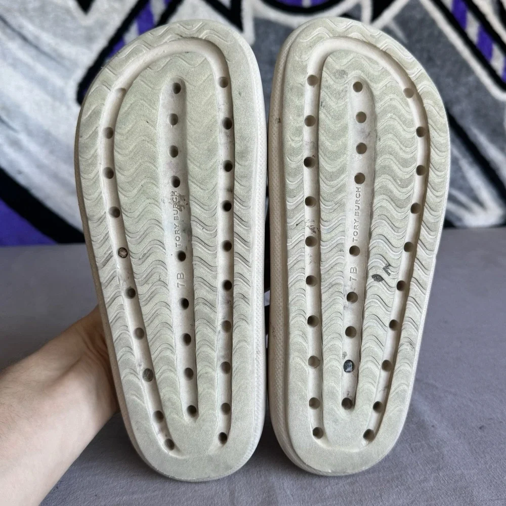 Size 7b - Tory Burch Women's Beige Shower Slide Sandals Slip-On Pool Logo Shoes